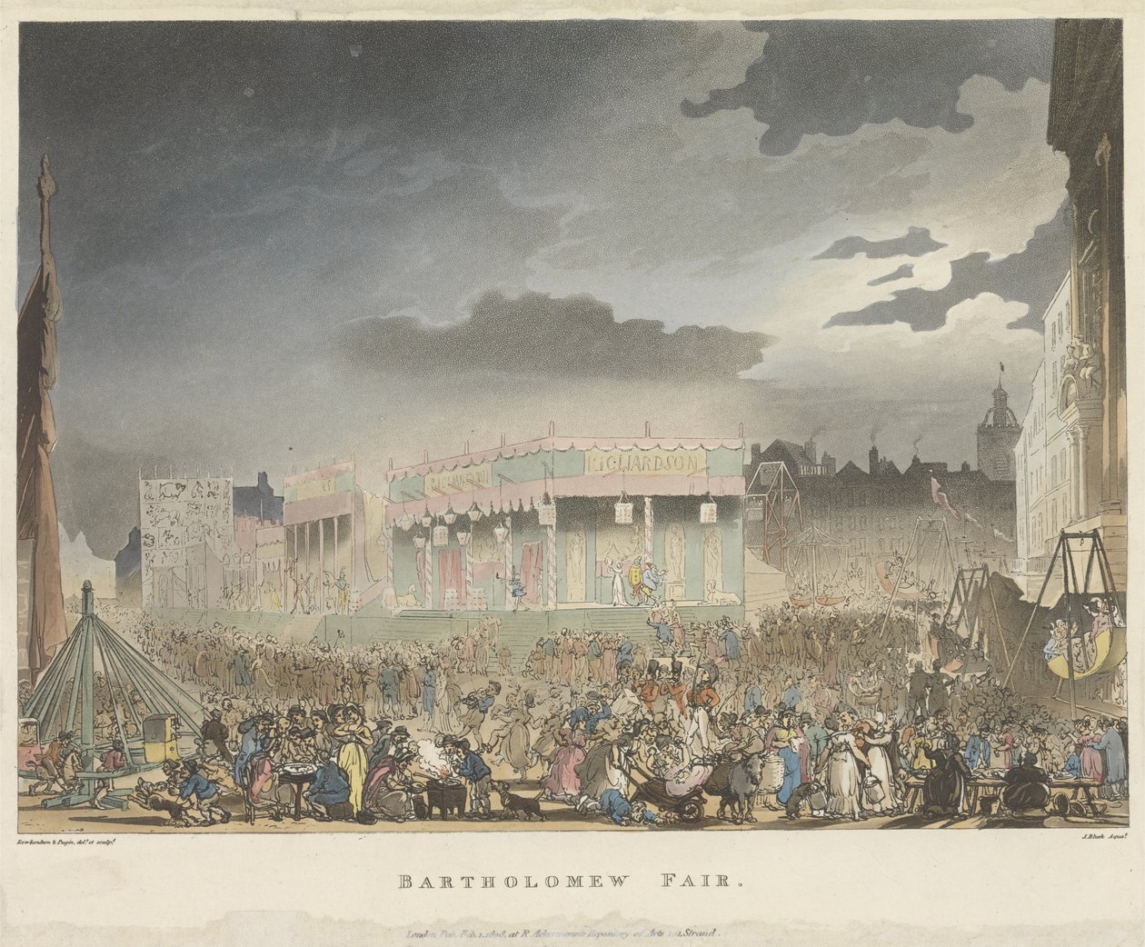 Bartholomew Fair, Microcosm of London, tai London in Miniature, Voi. I, Rudolph Ackerman, kaiverrus J. Bluch tekijältä Thomas after Rowlandson