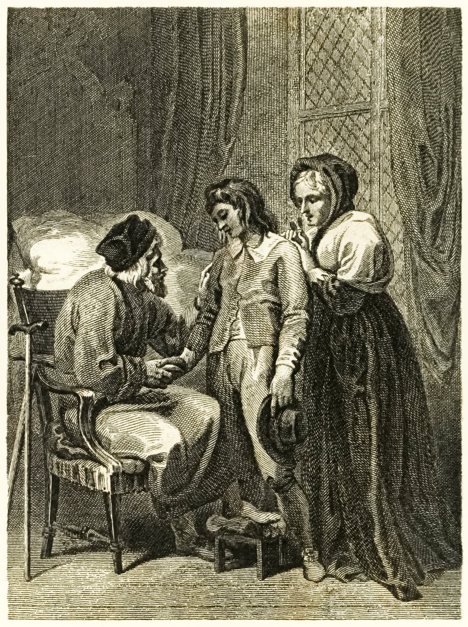 ?Robinson Crusoe? etukappaleen kuva, jossa Crusoe jättää isänsä ja äitinsä. "Robinson Crusoen elämä ja oudot yllättävät seikkailut tai York, Mariner?" Kirjailija: Daniel Defoe tekijältä Thomas Stothard