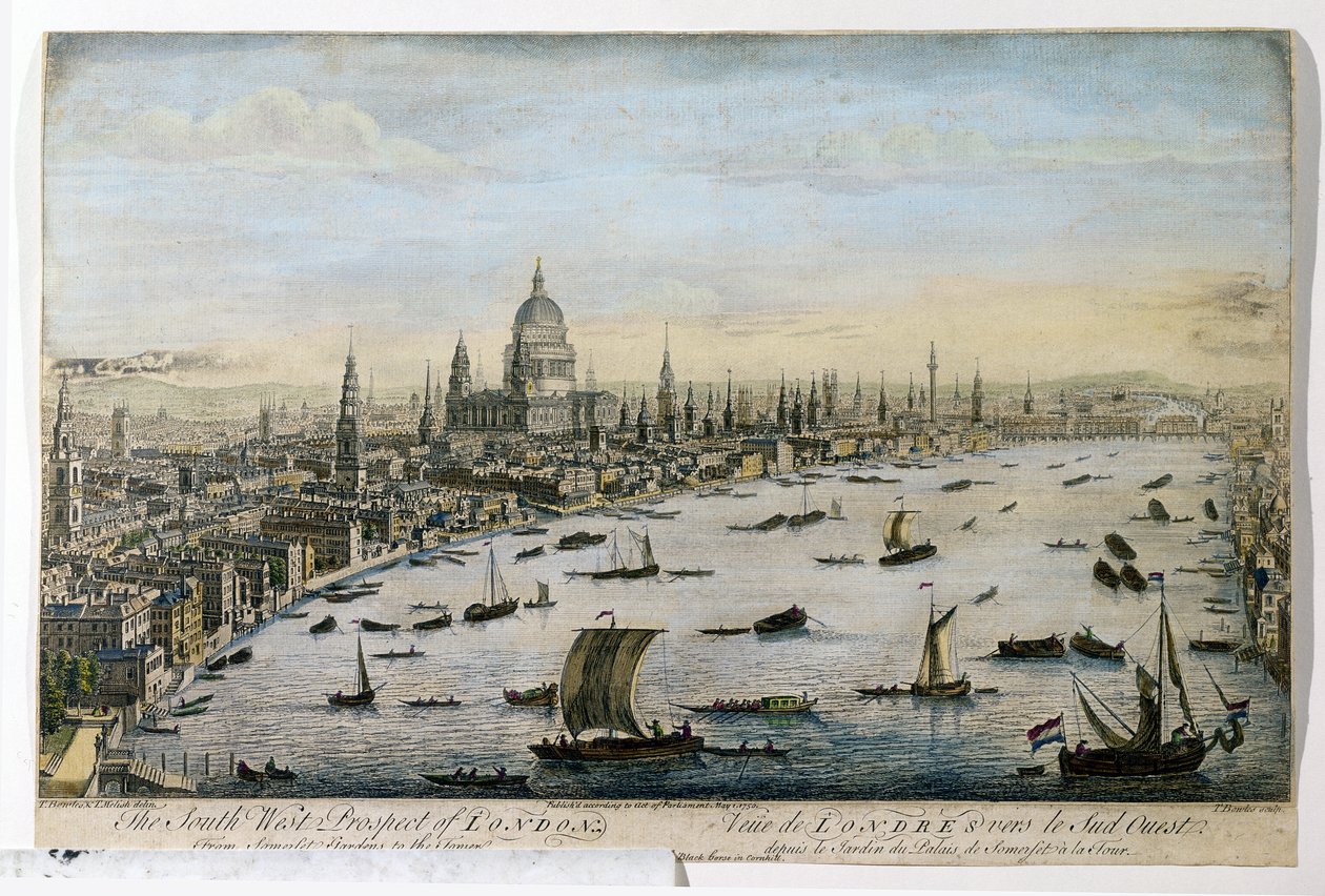 The South-West Prospect of London from Somerset Gardens, kaiverrettu Thomas Bowlesin toimesta, julkaistu 1. toukokuuta 1750. tekijältä Thomas Bowles
