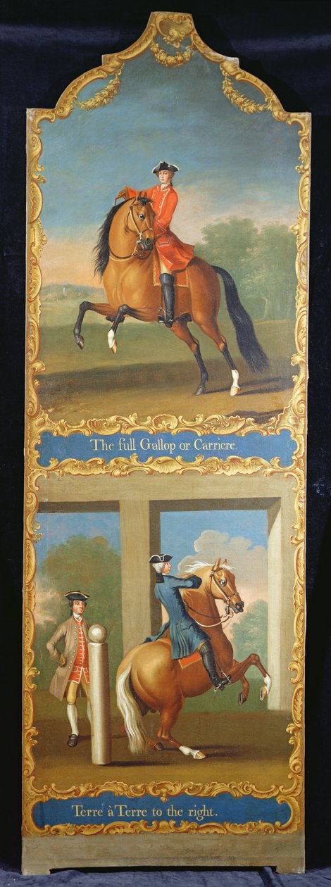 "The Full Gallop or Carriere" (ylhäällä) ja "Terre a Terre oikealla" (alhaalla), n. 1750 tekijältä Thomas, of Pall Mall Butler