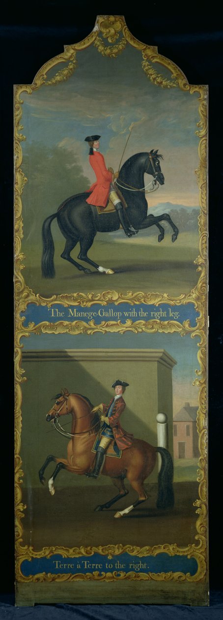 "Maneesilaukka oikealla jalalla" (ylhäällä) ja "Terre a Terre oikealla" (alhaalla), n. 1750 tekijältä Thomas, of Pall Mall Butler