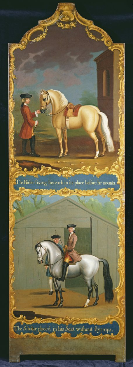 "Ratsastaja kiinnittelee reunakiveyttä paikalleen ennen kuin hän nousee" (ylhäällä) ja "Oppinut istuimellaan ilman styrropseja" (alhaalla), n. 1750 tekijältä Thomas, of Pall Mall Butler