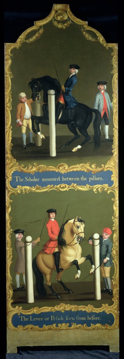 "The Scholar Mounted between the Pillars" (ylhäällä) ja "The Levee or Pesade Seen from Before" (alhaalla), n. 1750 tekijältä Thomas, of Pall Mall Butler