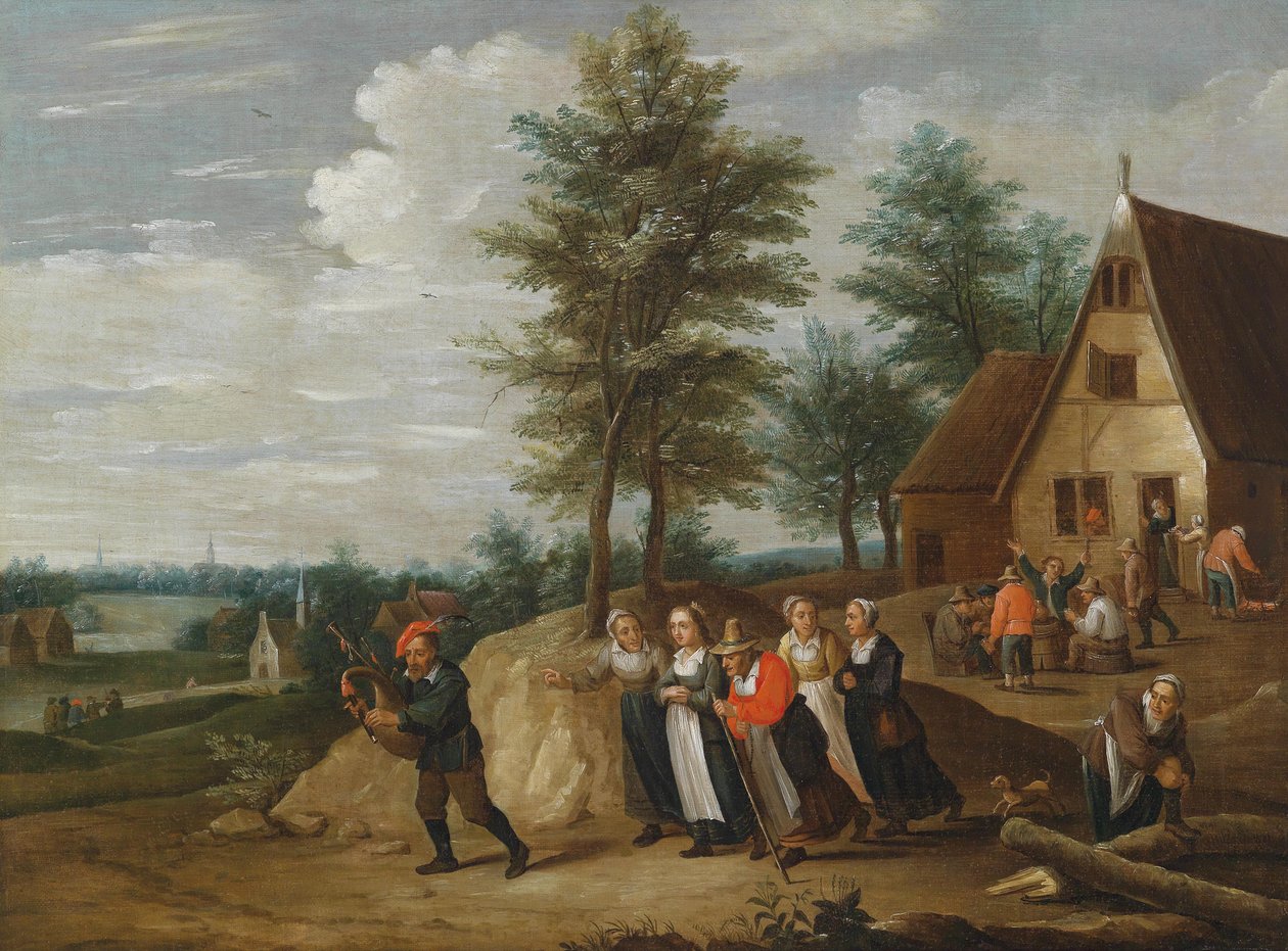 Landschaft mit einem Musikanten, dem einige Frauen folgen tekijältä Thomas van Apshoven
