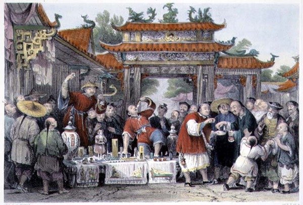 Tien-Singin vaeltava lääkäri, George Newenham Wrightin (n. 1790-1877) teoksesta "China in a Series of Views" 1843 (värillinen kaiverrus) tekijältä Thomas (after) Allom