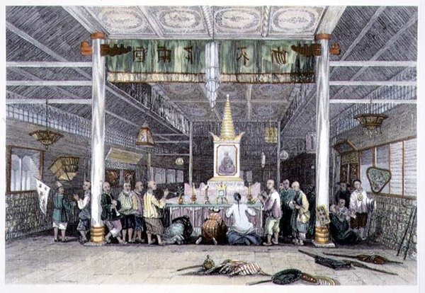 Buddhan temppeli, Kanton, George Newenham Wrightin (n. 1790-1877) teoksesta "China in a Series of Views" 1843 (värillinen kaiverrus) tekijältä Thomas (after) Allom