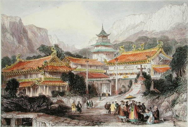 Suuri temppeli Poo-Toossa, Chusanin saaret, n. 1850 (värilitho) tekijältä Thomas (after) Allom