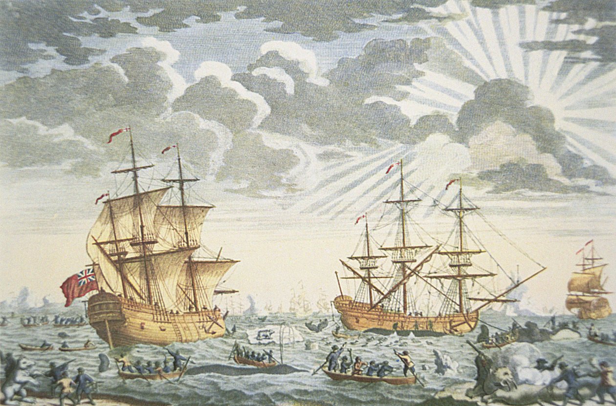 Grönlanti tai valaiden kalastus, kaiverrus E. Kirkall, n. 1720 (väri litho) tekijältä Thomas (after) Baston