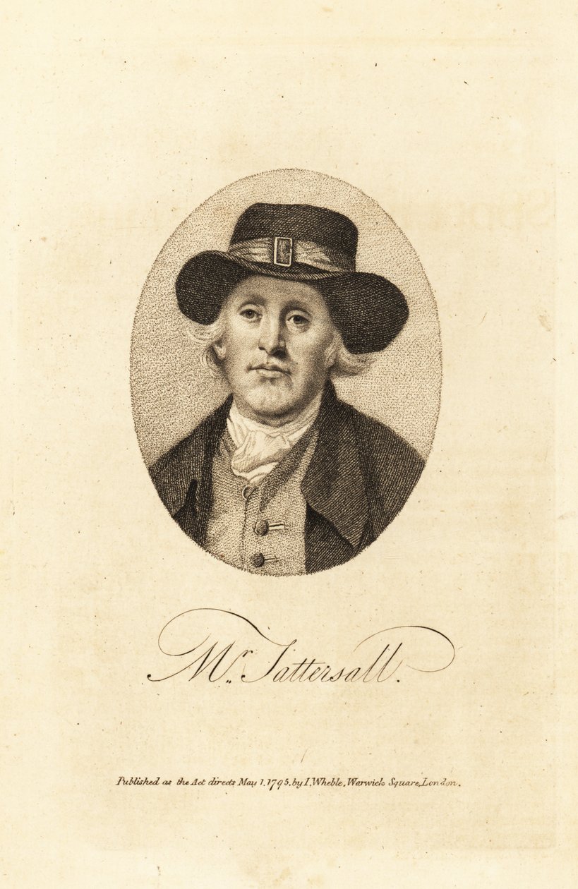 Muotokuva Richard Tattersallista (1724-1795), kilpahevoshuutokaupanpitäjän Tattersallsin perustaja Hyde Park Cornerissa Lontoossa tekijältä Thomas (after) Beach