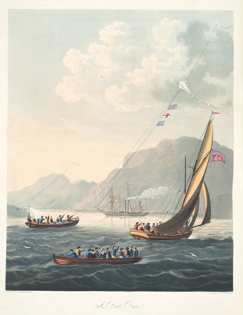 Boat Race, teoksesta "Aeropleustic Art, or Navigation in the Air, by the Use of Kites, or Boat Sails, pub. 1827 (käsinvärinen akvatinta) tekijältä Thomas (after) Butterworth