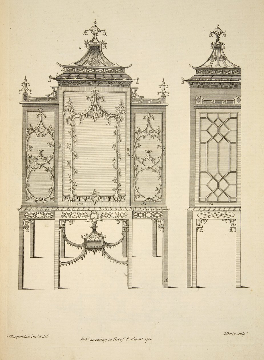 Suunnittelu kiinalaukkuun, pubi. 1753 (kaiverrus) tekijältä Thomas (after) Chippendale