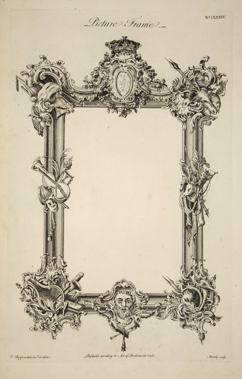 Suunnittelu kuvakehykseen, pubiin. 1761 (kaiverrus) tekijältä Thomas (after) Chippendale