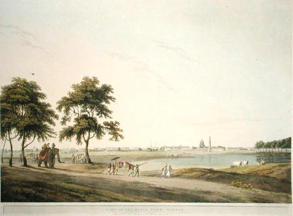 Osa Black Townia, Madras, levy 34 teoksesta Oriental Scenery: Twenty Four Views in Hindoostan, kaiverrus Thomas ja William (1769-1837) Daniell tekijältä Thomas (after) Daniell
