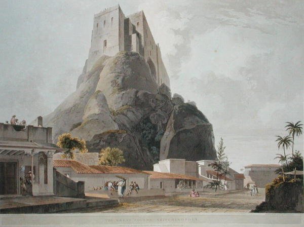 Suuri pagodi, Trichinopoly, levy 46 teoksesta Oriental Scenery: Twenty Four Views in Hindoostan, kaiverrus Thomas ja William (1769-1837) Daniell tekijältä Thomas (after) Daniell