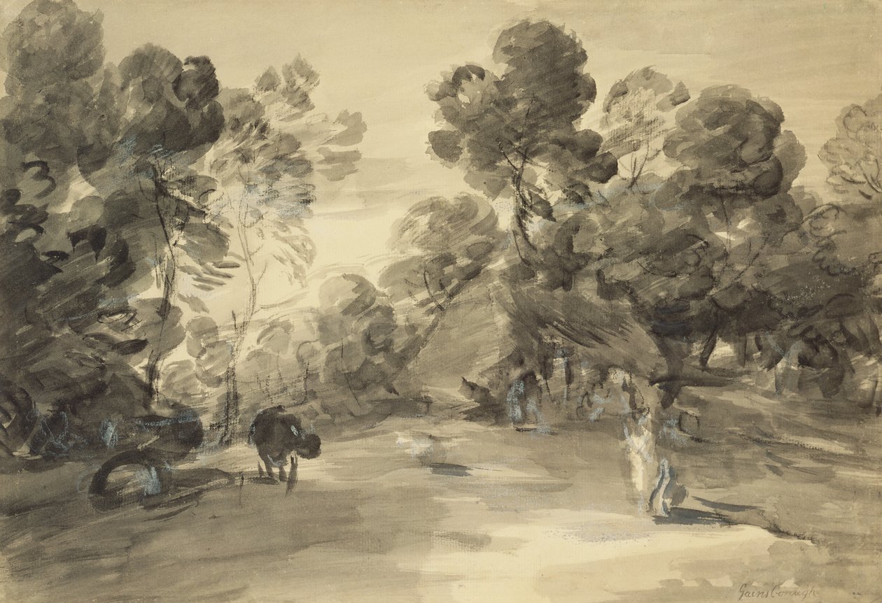 Metsäinen maisema hahmoilla, mökki ja lehmä, n. 1785 (pesu & liitu guassilla paperille) tekijältä Thomas (after) Gainsborough