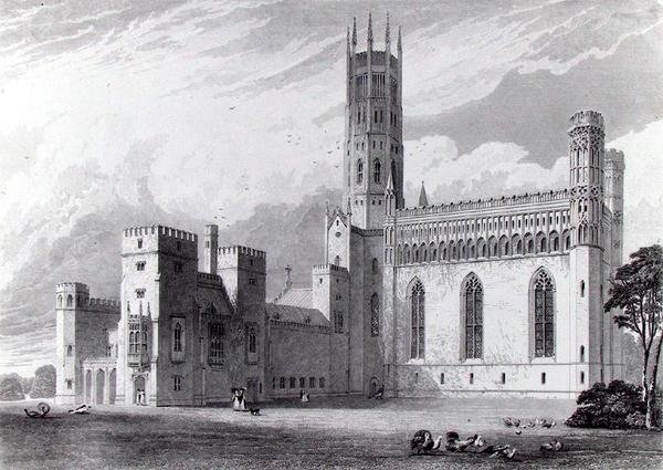 Fonthill Abbey kaakosta, John Brittonin teoksesta "Graphic and Literary Illustrations of Fonthill Abbey", piirtänyt S. Rayner ja kaivertanut W. Tombleson tekijältä Thomas (after) Higham