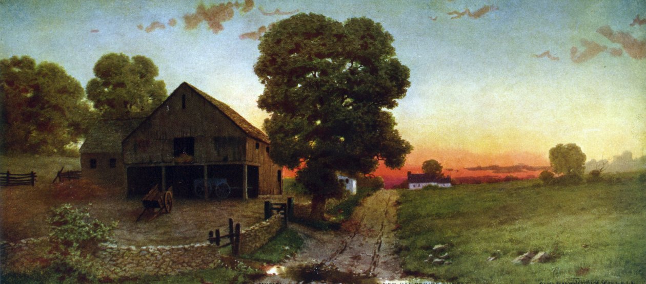 New Hampshiren auringonlasku, vuodelta 1910. Thomas Moranin (1837-1926) jälkeen englantilaissyntyinen amerikkalainen taiteilija. Yhdysvallat maisema laidunpolku Farmyard Barn Cart Tree taivas ilta tekijältä Thomas (after) Moran