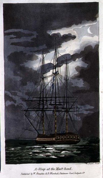 Nukkumassa mastopäässä, levy John Mitfordin (1782-1831) teoksesta The Adventures of Johnny Newcome in the Navy, kaivertanut W. Read tekijältä Thomas (after) Rowlandson