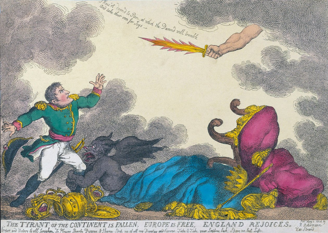 Sarjakuva, jossa juhlitaan Napoleonin luopumista kruunusta vuonna 1814 tekijältä Thomas (after) Rowlandson