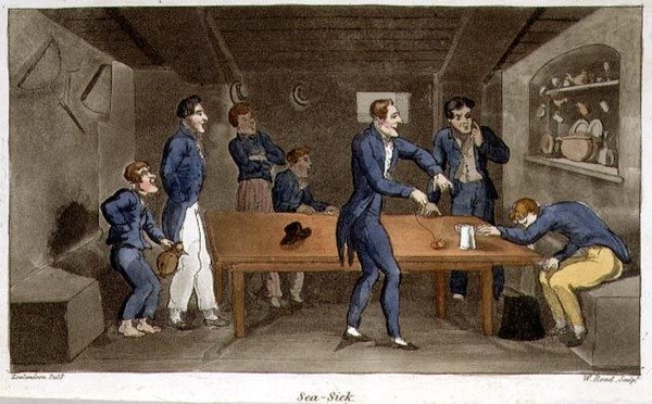 Sea Sick, levy John Mitfordin (1782-1831) teoksesta The Adventures of Johnny Newcome in the Navy, kaiverrettu W. Read tekijältä Thomas (after) Rowlandson