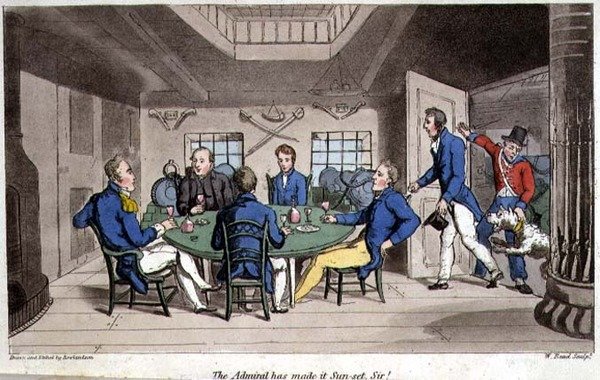 Amiraali on tehnyt auringonlaskun, sir! levy John Mitfordin (1782-1831) teoksesta "Johnny Newcomen seikkailut laivastossa" kaivertanut W. Read tekijältä Thomas (after) Rowlandson