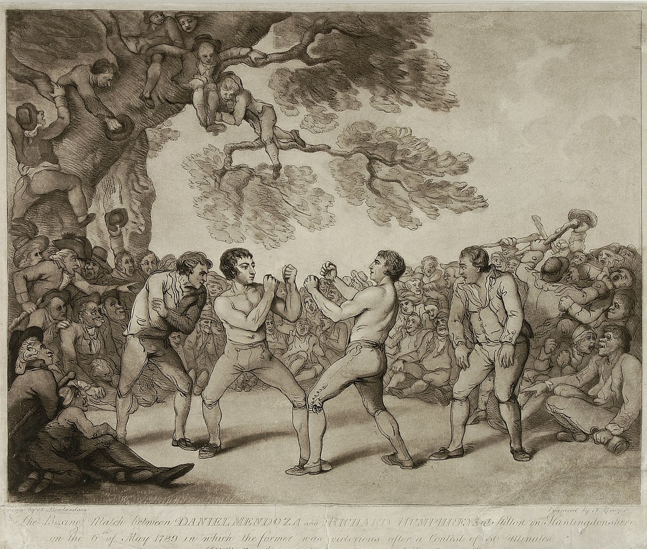 Nyrkkeilyottelu Daniel Mendozan ja Richard Humphreysin välillä Stiltonissa, Huntingdonshiressa, 6. toukokuuta 1789, kaiverrus Joseph Grozer (n. 1755-1799) (kaiverrus) tekijältä Thomas (after) Rowlandson