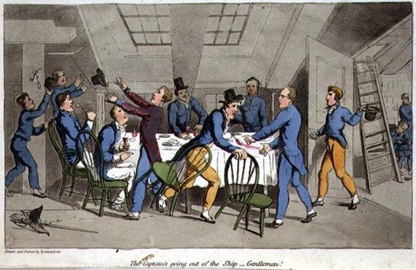Kapteeni lähtee laivasta - herrat! levy John Mitfordin (1782-1831) "The Adventures of Johnny Newcome in the Navy" -kirjoituksesta kaivertanut W. Read tekijältä Thomas (after) Rowlandson
