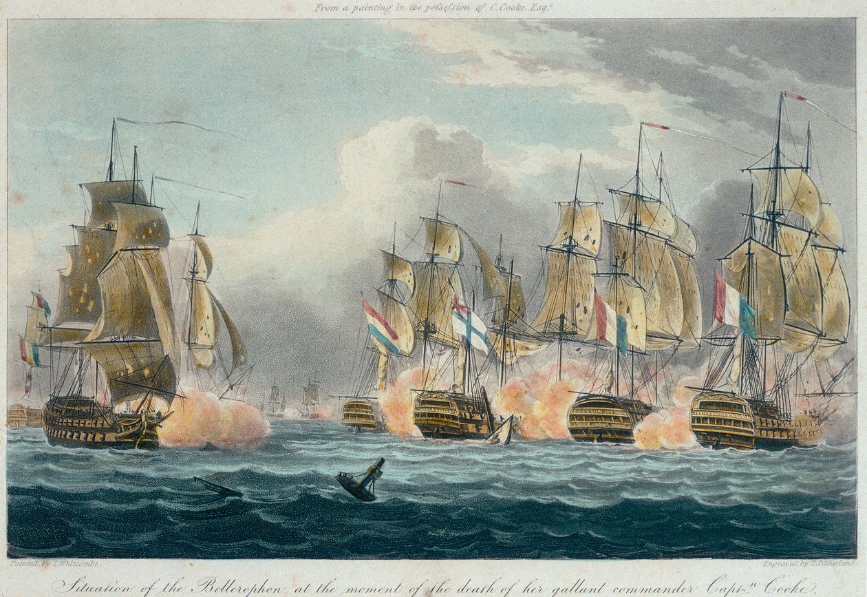 HMS "Bellerophonin" tilanne sen urhean komentajan, kapteeni Cooken, kuolinhetkellä". tekijältä Thomas (after) Whitcombe