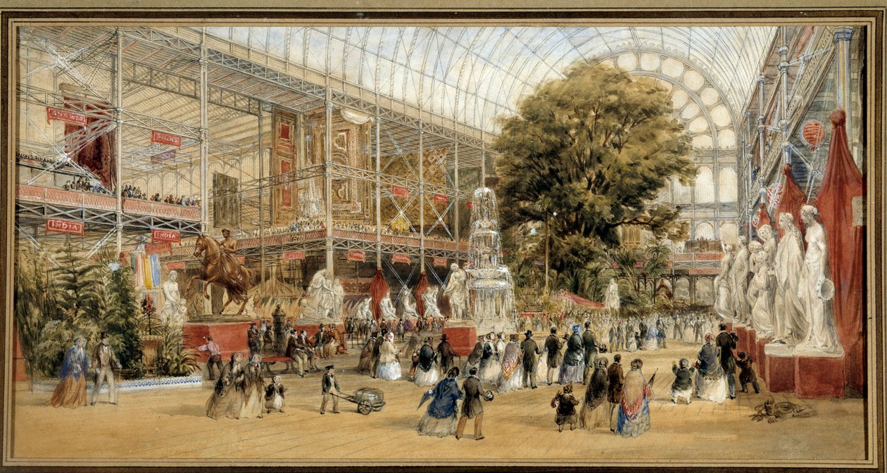Kuningatar Victoria (1819-1901) vierailee vuoden 1851 näyttelyssä Crystal Palacessa Lontoossa. Maailmannäyttely 1851. Thomas Abiel Priorin (1809-1886) maalaus Ec. Ang. tekijältä Thomas Abiel Prior