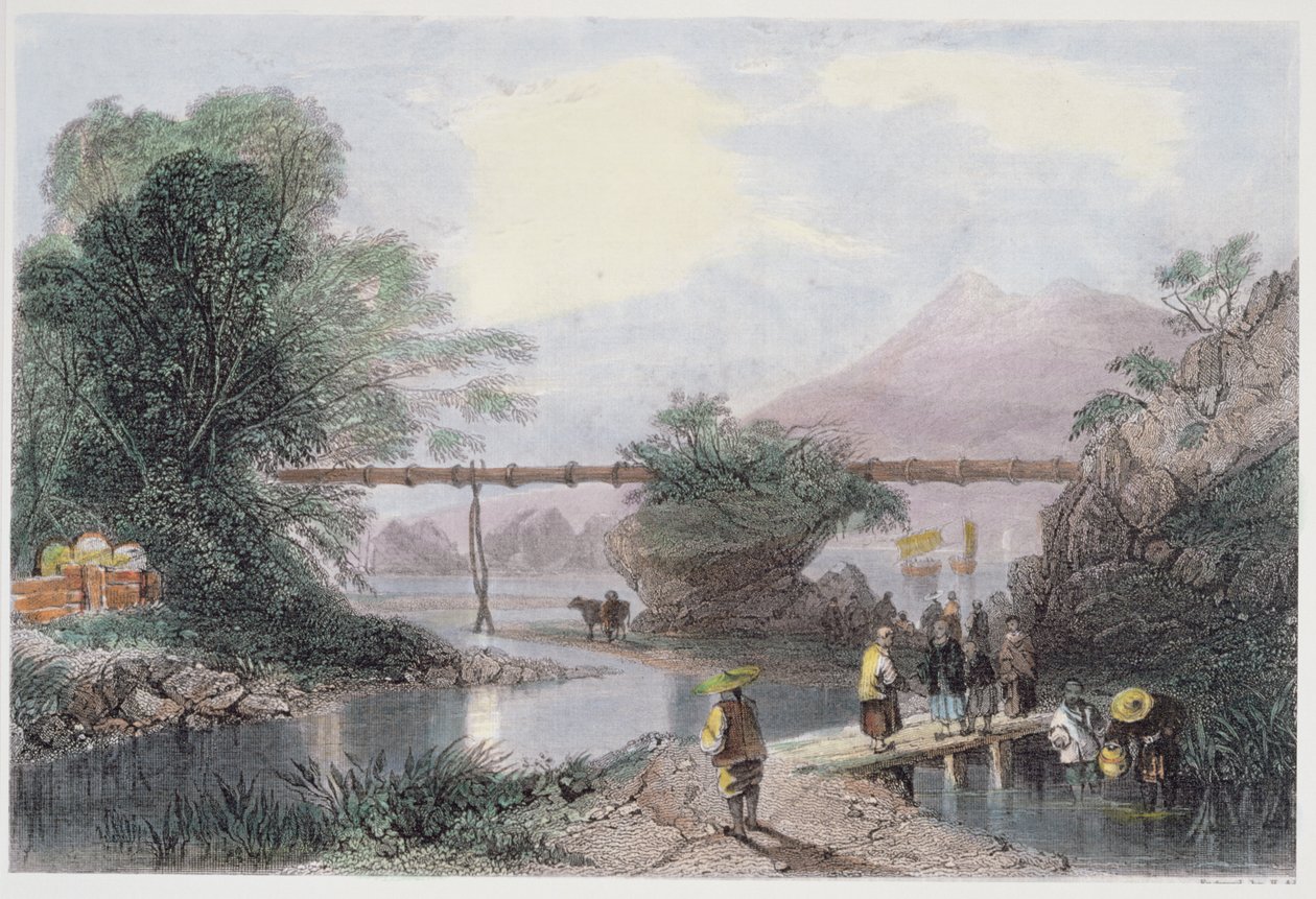 Bambuakvedukti Hongkongissa, kaiverrettu Henry Adlard, George Newenham Wrightin (n. 1790-1877) teoksesta "China in a Series of Views" 1843 tekijältä Thomas Allom