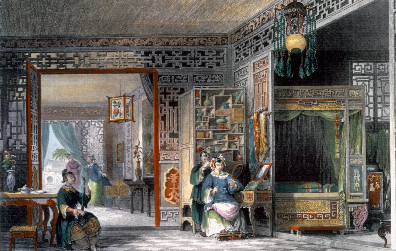 Buduaari ja arvovaltaisen naisen makuuhuone, Kiina, 1843 tekijältä Thomas Allom