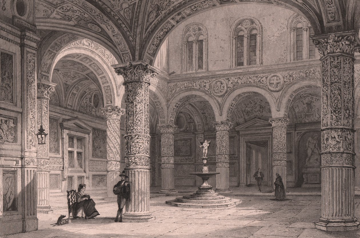 Palazzo Vecchion sisäpiha Firenzessä, Toscanassa, Italiassa, teräskaiverrus James Tingle (toiminut noin 1830-1860) Thomas Allomin (1804-1872) piirtämänä, noin 21x15 cm tekijältä Thomas Allom