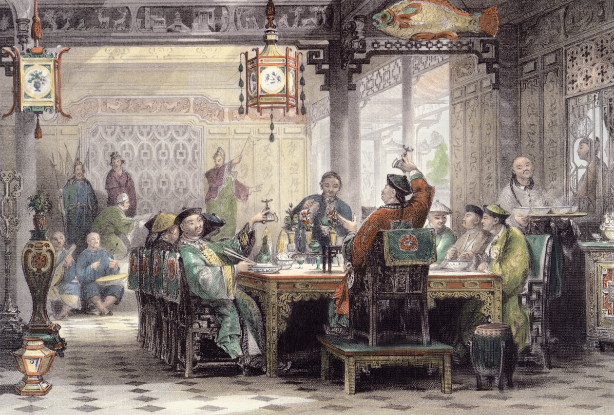 Illalliskutsut mandariinin talossa, George Newenham Wrightin (n. 1790-1877) teoksesta "China in a Series of Views", kaiverrettu G. Patersonin toimesta, 1843. tekijältä Thomas Allom