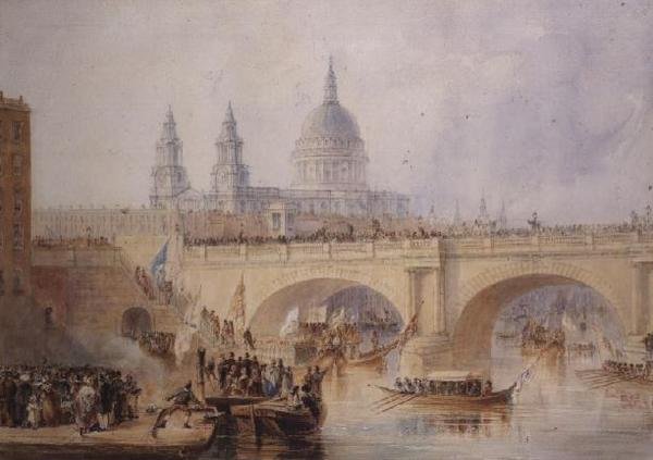Lord Mayorin maihinnousu Blackfriars Bridgellä, noin 1830 tekijältä Thomas Allom