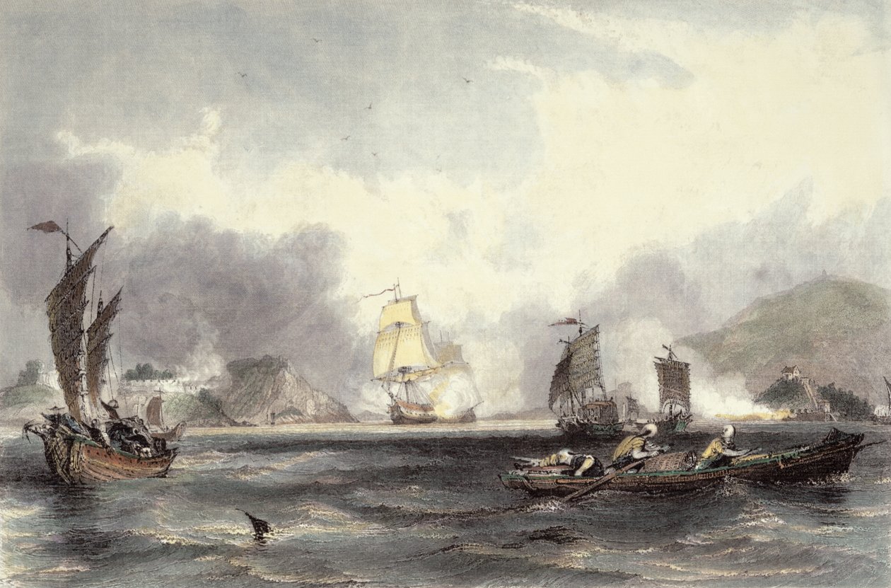 HM:n alukset Imogene ja Andromache ohittivat Bocca-Tigris-akut, n. 1850 tekijältä Thomas Allom