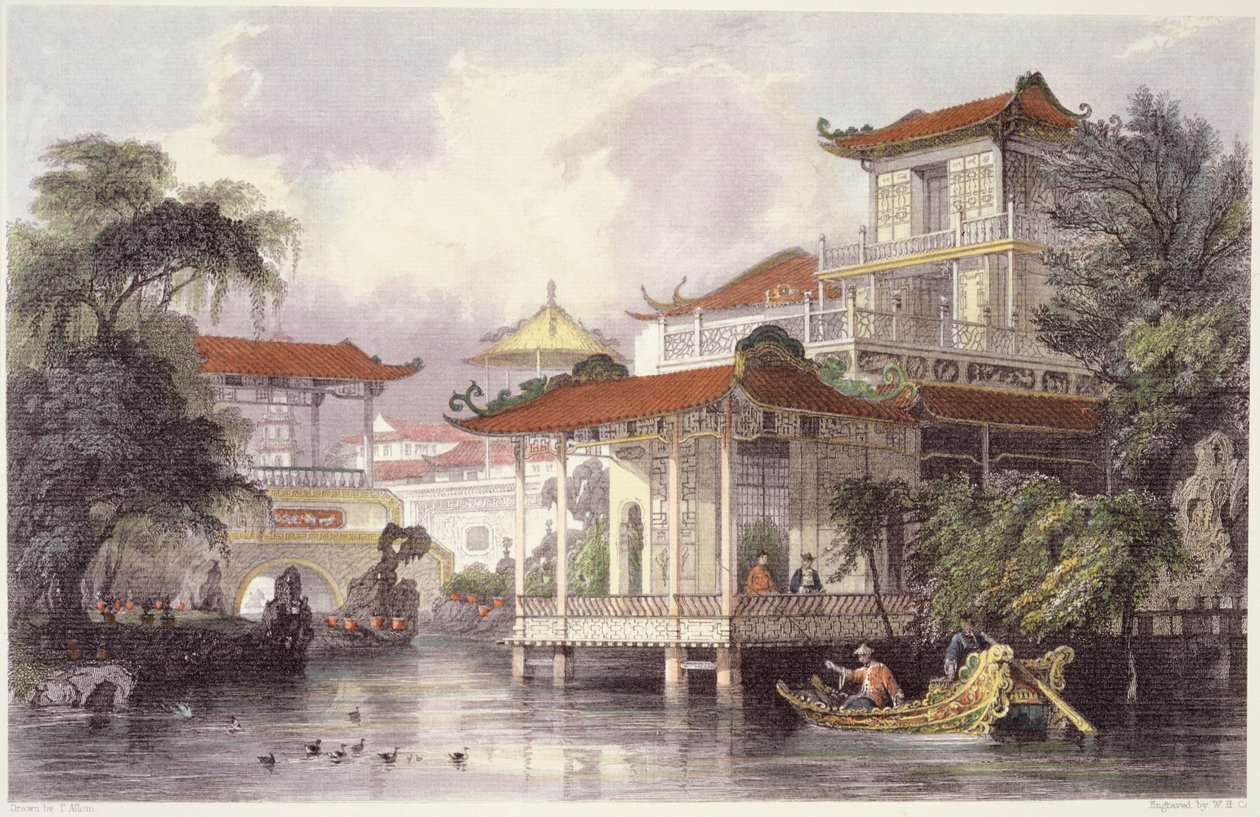 Kiinalaisen kauppiaan koti lähellä Kantonia, George Newenham Wrightin (n. 1790-1877) "China in a Series of Views" -sarjasta, 1843 tekijältä Thomas Allom