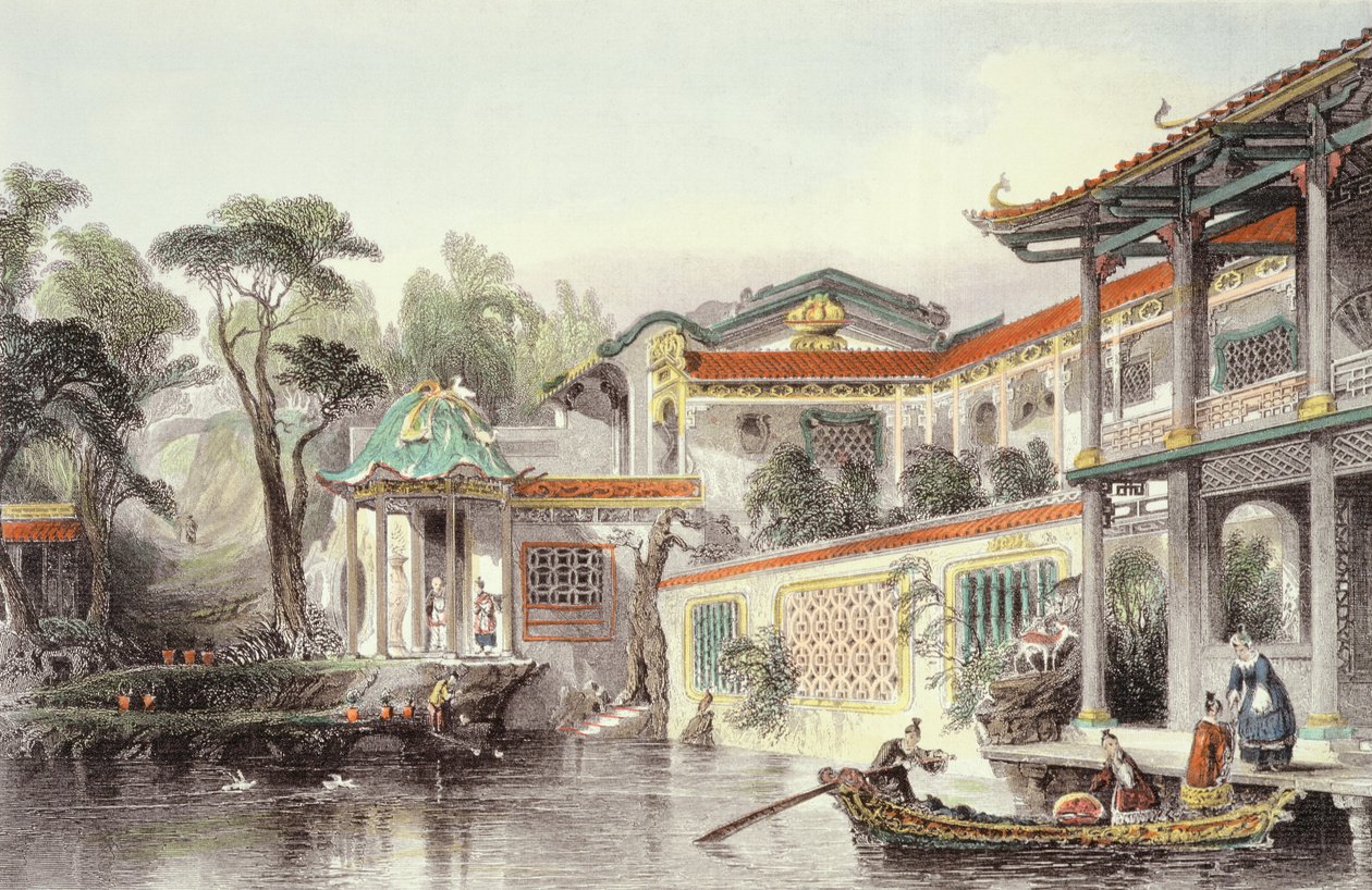 House of Conseequa, kiinalainen kauppias, Kantonin esikaupunkialueella, George Newenham Wrightin (n. 1790-1877) teoksesta "China in a Series of Views" 1843 tekijältä Thomas Allom