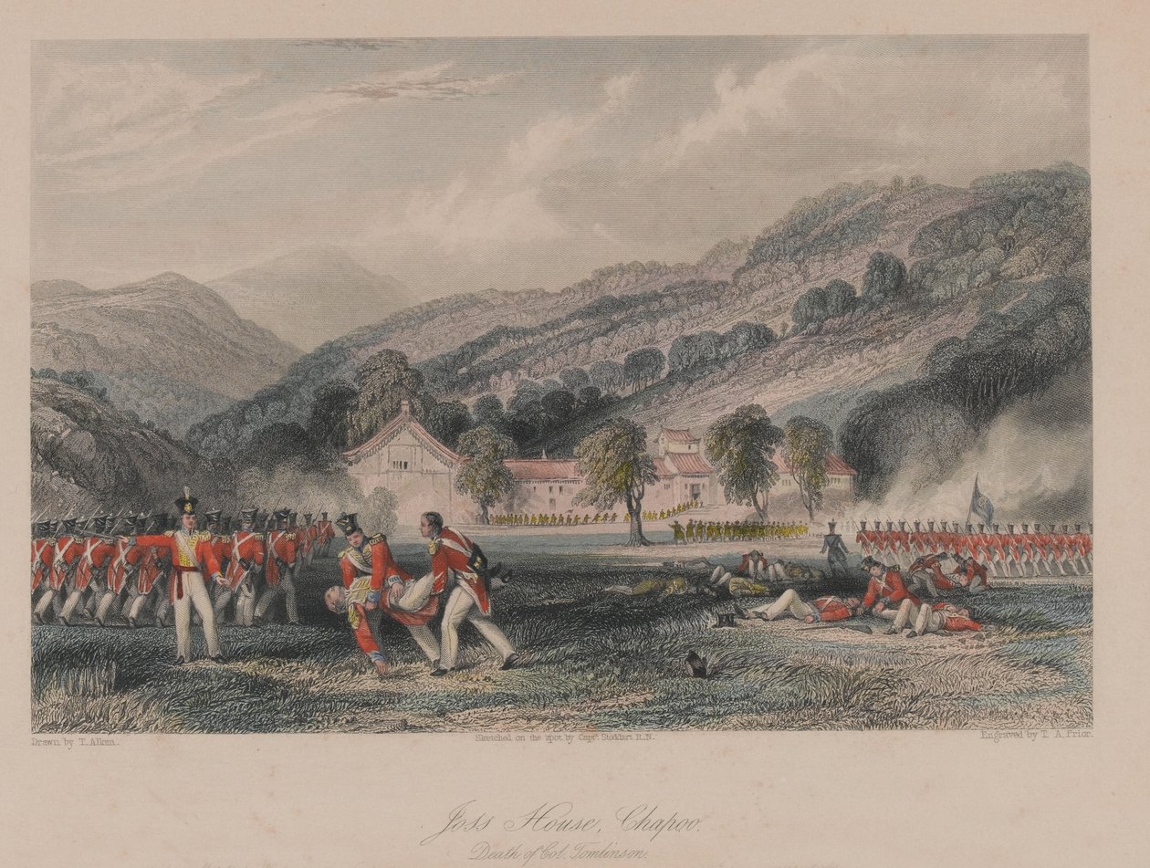 ?Joss House, Chapoo [sic], eversti Tomlinsonin kuolema?, 1842 tekijältä Thomas Allom