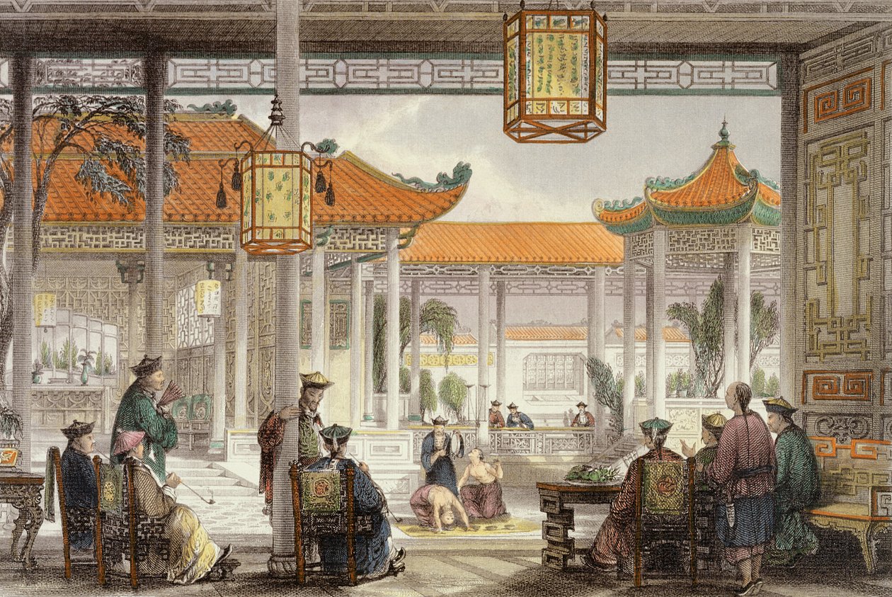 Jonglereita näytteillä Mandariinipalatsin hovissa, George Newenham Wrightin (n. 1790-1877) "China in a Series of Views" teoksesta 1843 tekijältä Thomas Allom