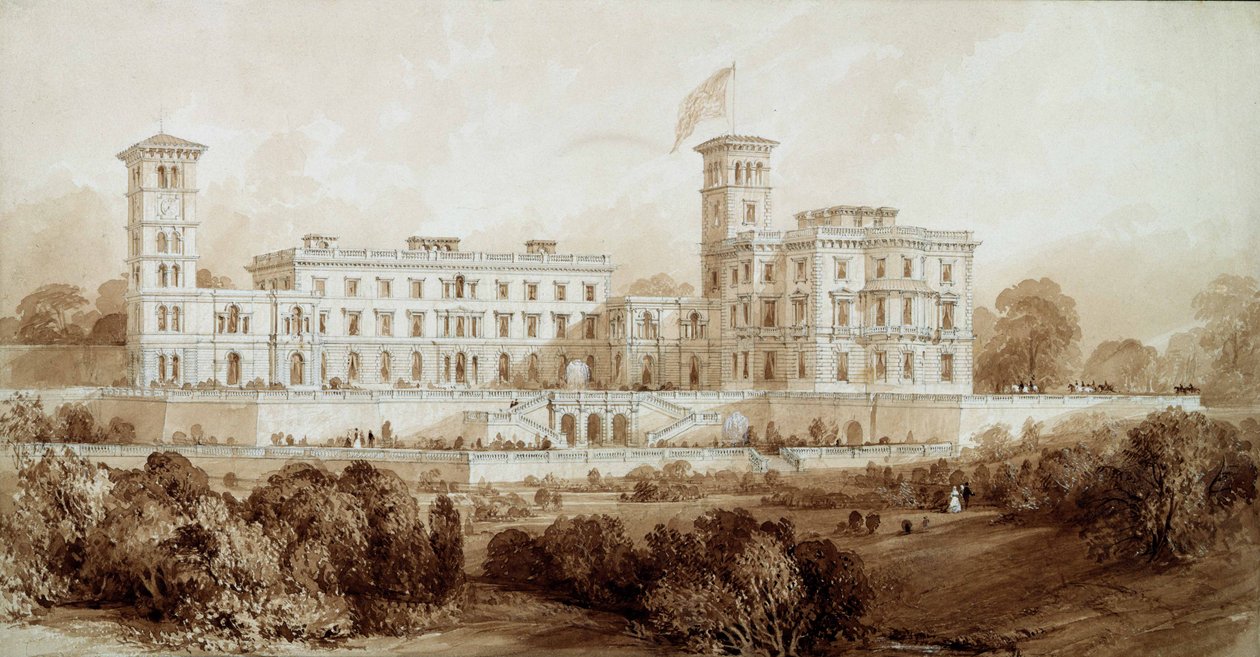Osborne House, Isle of Wight (lyijykynä ja ruskea pesuaine) tekijältä Thomas Allom