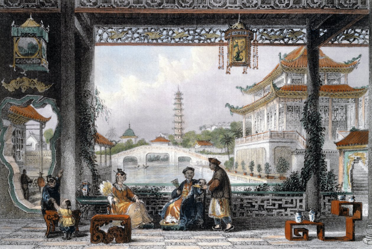 "Mandariinien paviljonki ja puutarhat lähellä Pekingiä", Kiina, 1843 tekijältä Thomas Allom