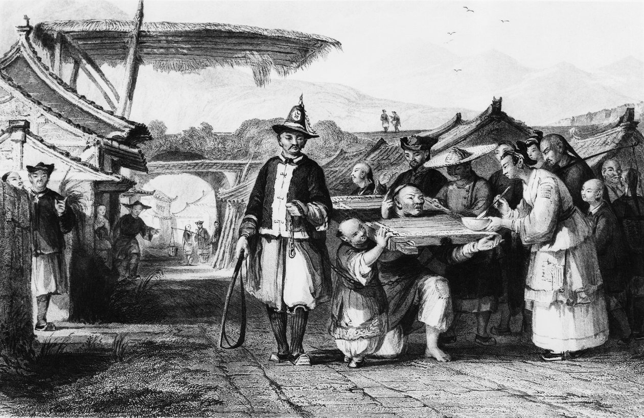 Rangaistus tcha:lla tai canguella (puinen ike tai pilleri), kaiverrus Thomas Allomin (1804-1872) Kiinan valtakunnasta tekijältä Thomas Allom