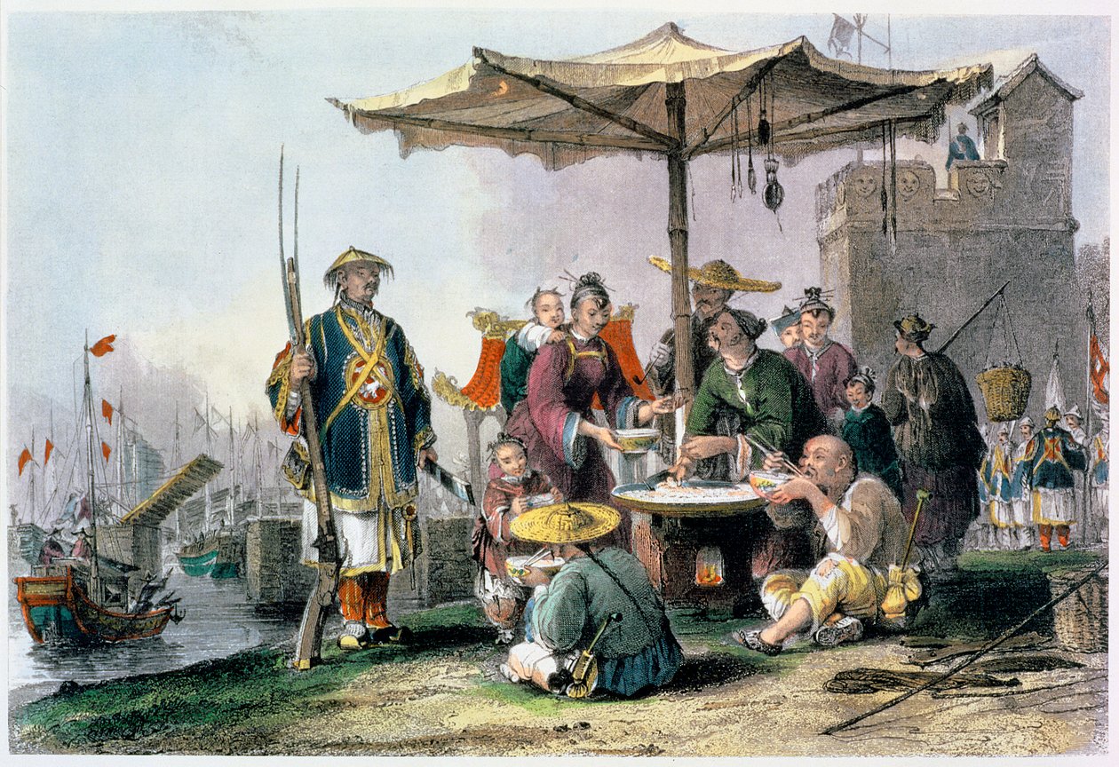"Riisinmyyjät Tong-Chang-Toon sotilasasemalla", Kiina, 1843 tekijältä Thomas Allom