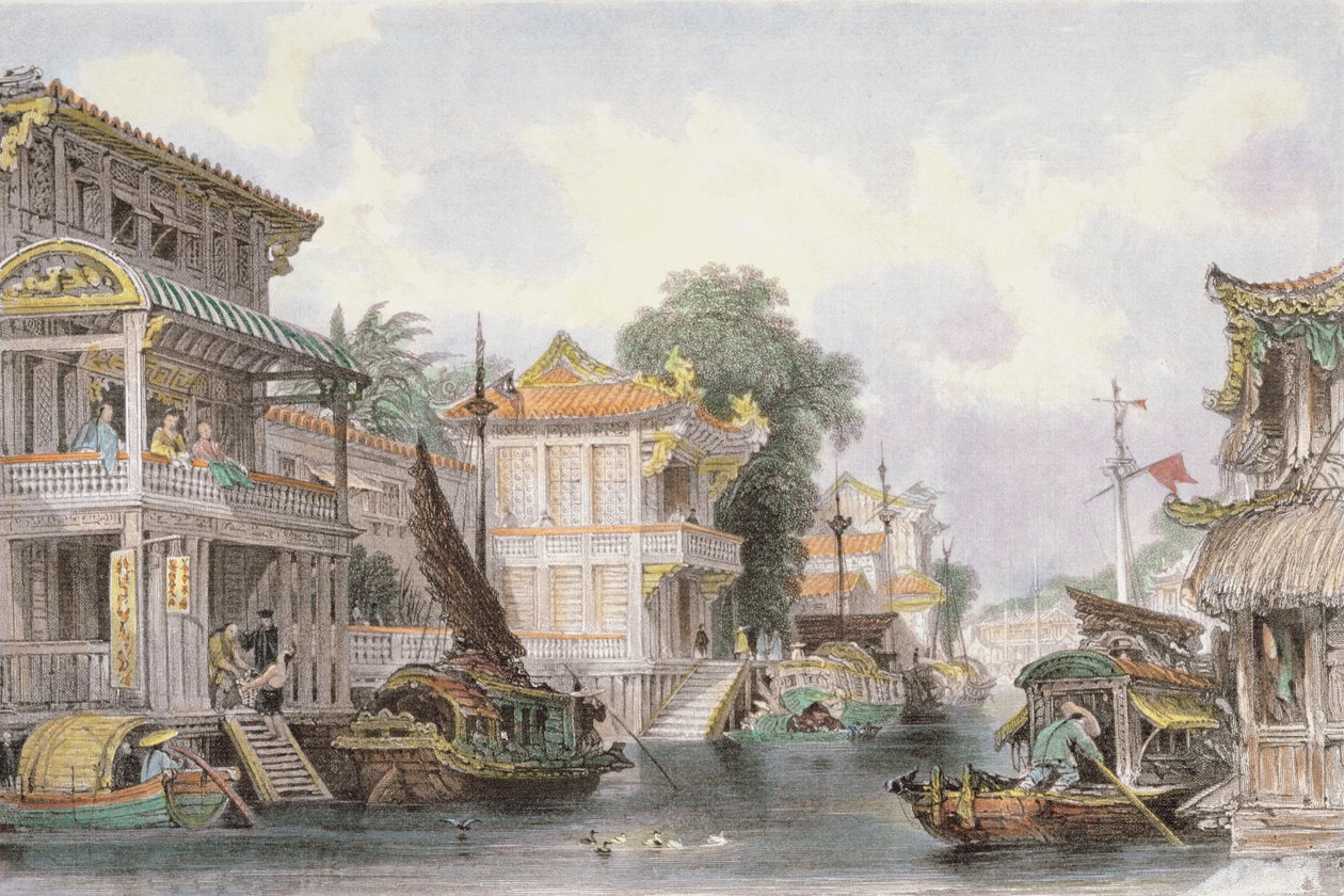 Kohtaus Horan-kanavalla lähellä Kantonia, noin 1850 tekijältä Thomas Allom