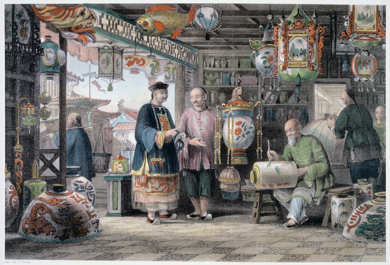 "Lyhtykauppiaan näyttelytila Pekingissä", Kiina, 1843 tekijältä Thomas Allom