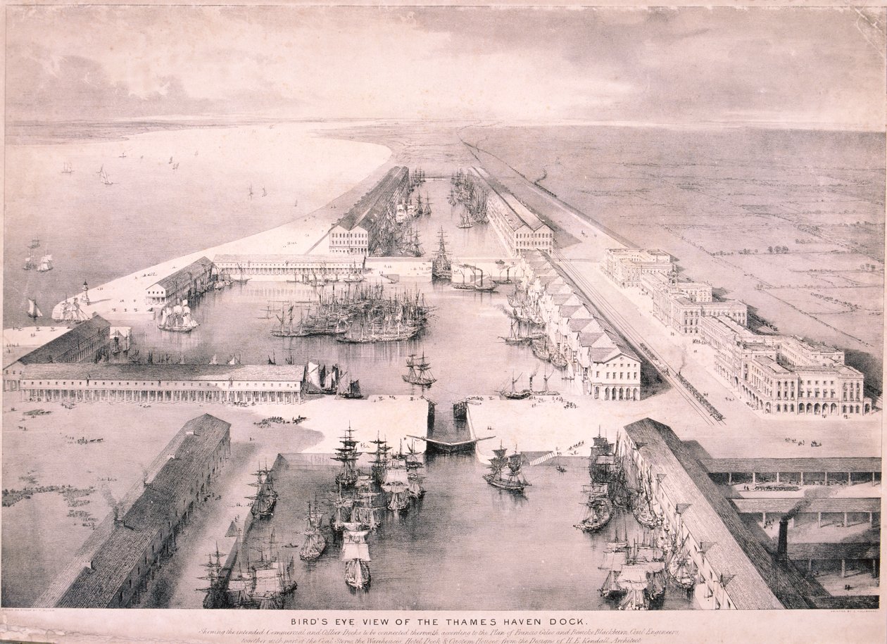 Thames Haven Dock, Lontoo, 1830 tekijältä Thomas Allom