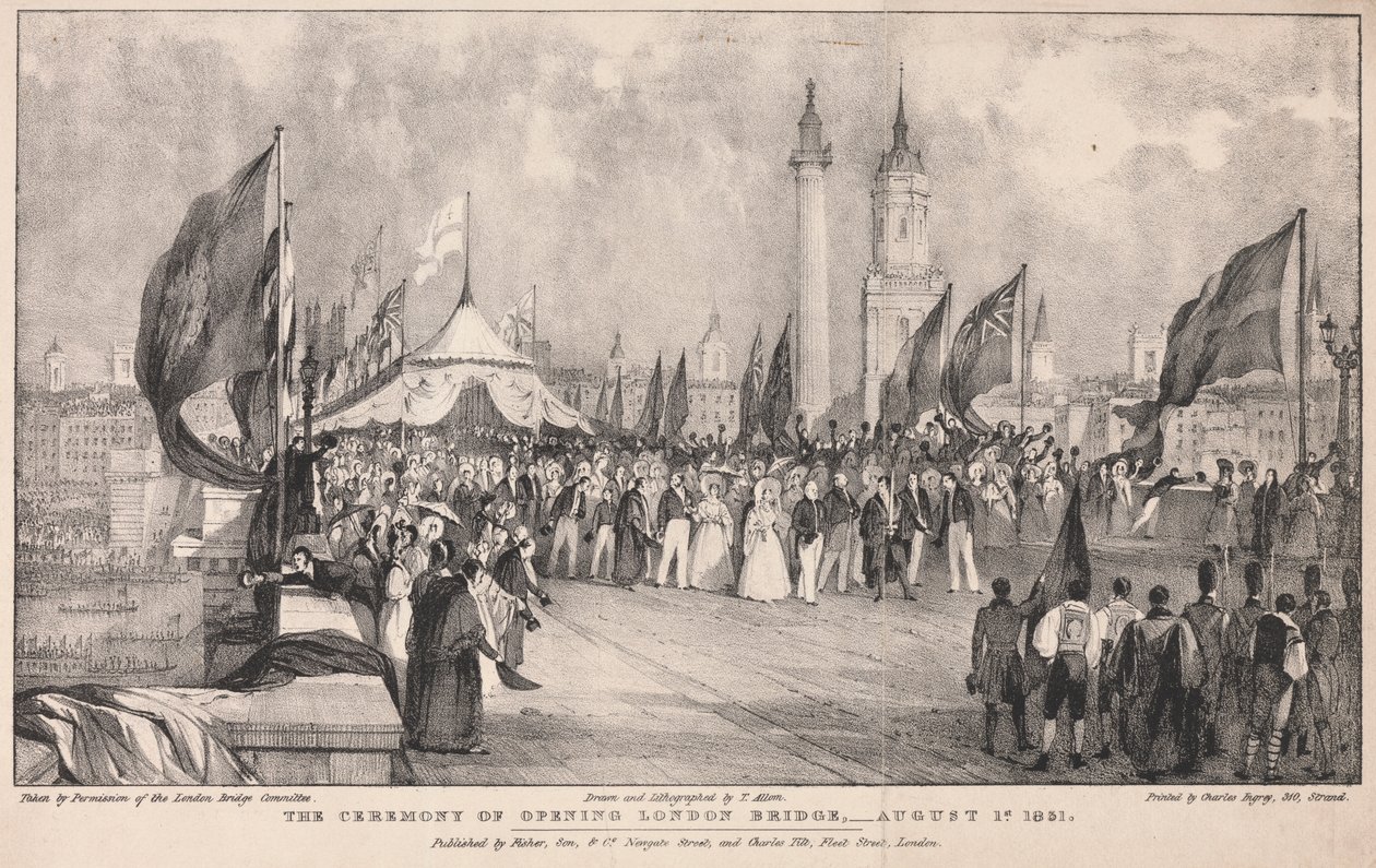 London Bridgen avajaisseremonia taustalla Old London Bridge tekijältä Thomas Allom