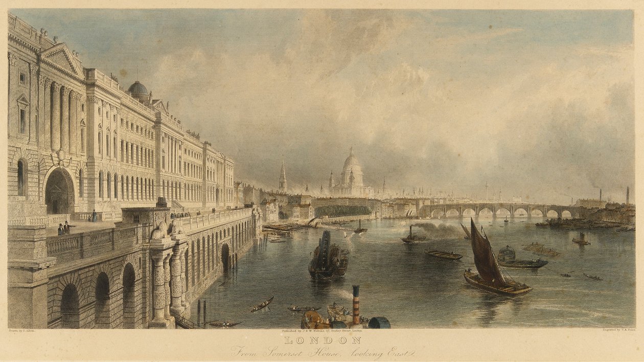 "Näkymä Lontooseen, Englantiin, Somerset House Marine Buildingista, jossa on Saint Paulin katedraali ja London Bridge". Litografia tekijältä Thomas Allom