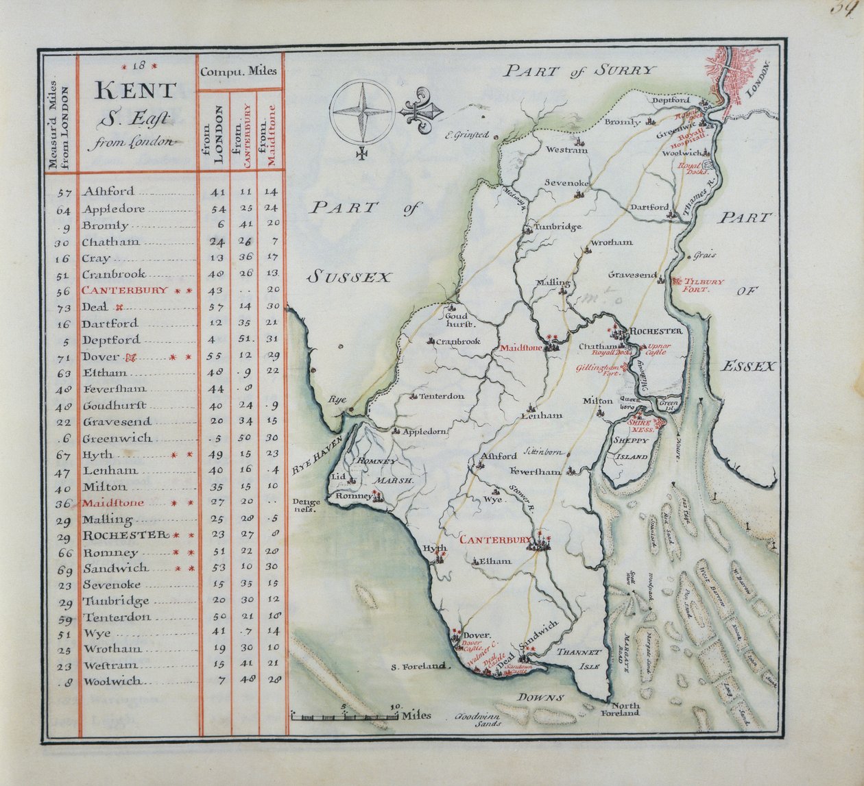 Kent, levy 39r, kokoelmasta A Complete Set of England and Wales in General..., 1724 (kynä & muste ja wc paperilla) tekijältä Thomas Badeslade