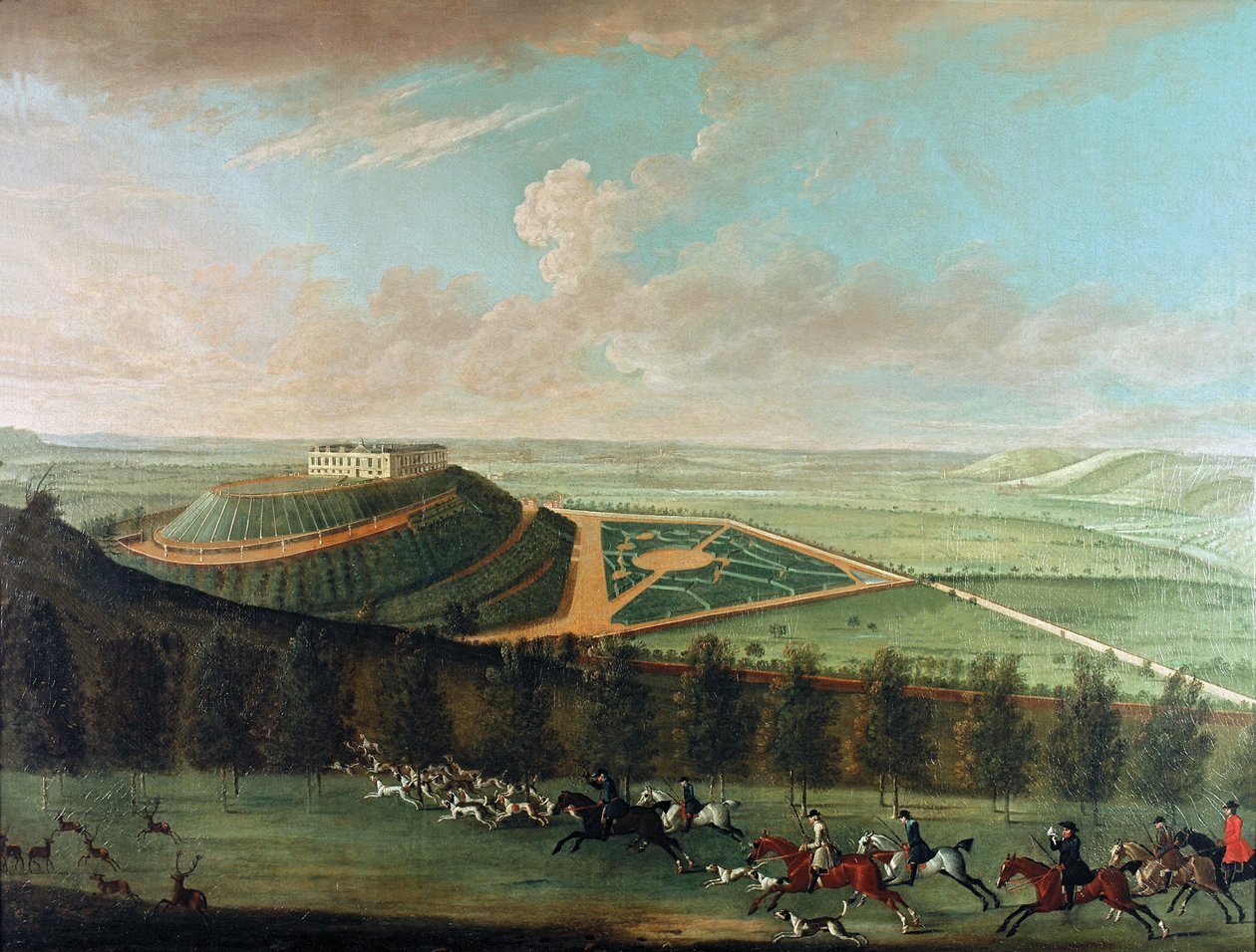 Näkymä Belvoirin linnaan lounaasta, Belvoirin metsästys on täydessä vauhdissa, 1730. tekijältä Thomas Badeslade